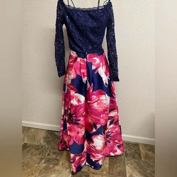 A.Byer  Blue Floral Long Sleeve 2 Piece Pleated Prom Dress - Picture 5 of 15
